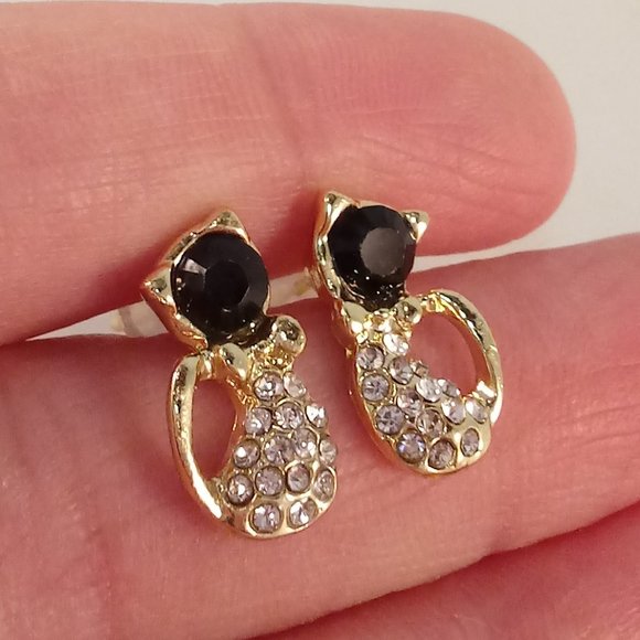 Gold Plated Black Crystal Cat Stud Earrings Women's Party Gift - Picture 5 of 5